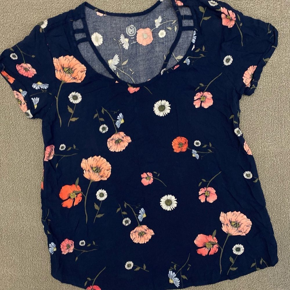 SO Navy Floral Print Relaxed Fit Blouse- Spring Summer Business Casual Daily Top